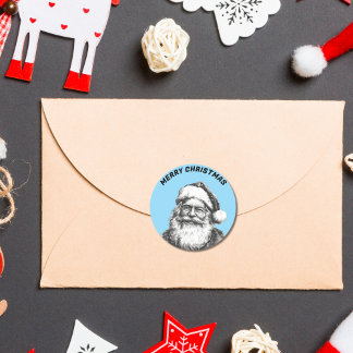 Sticker Rond Vintage noir et blanc Père Noël Bleu bébé