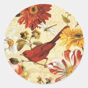Sticker Rond Vintage orange blanc floral rouge