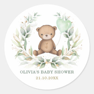 Sticker Rond Vintage Ours Teddy Verdure Wreath Balloon Baby