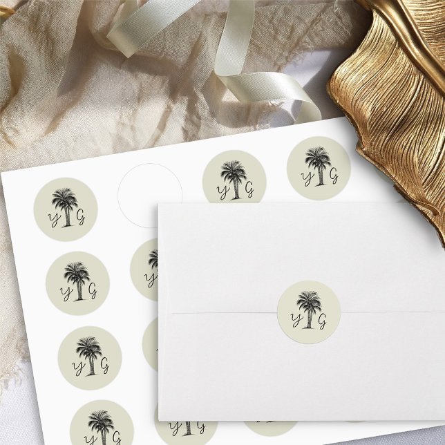 Sticker Rond Vintage Palm Monogramme Mariage (Monogrammed wedding sticker - from my Vintage Palm Wedding Collection)