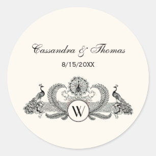 Sticker Rond Vintage Paons Monogramme Ivoire BG
