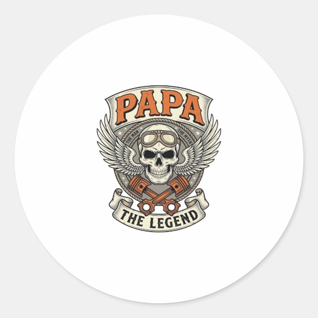 Sticker Rond Vintage Papa Biker Skull Legend (Devant)