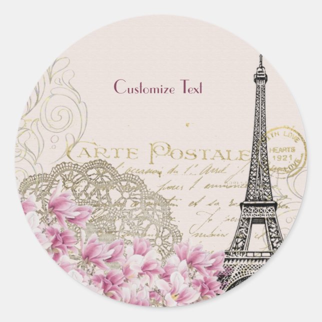 Sticker Rond Vintage Paris Tour Eiffel Romantique Personnaliser (Devant)