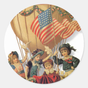 Sticker Rond Vintage patriotique, enfants dans une montgolfière