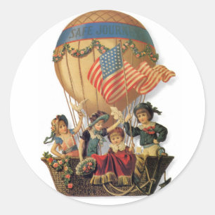 Sticker Rond Vintage patriotique, enfants dans une montgolfière