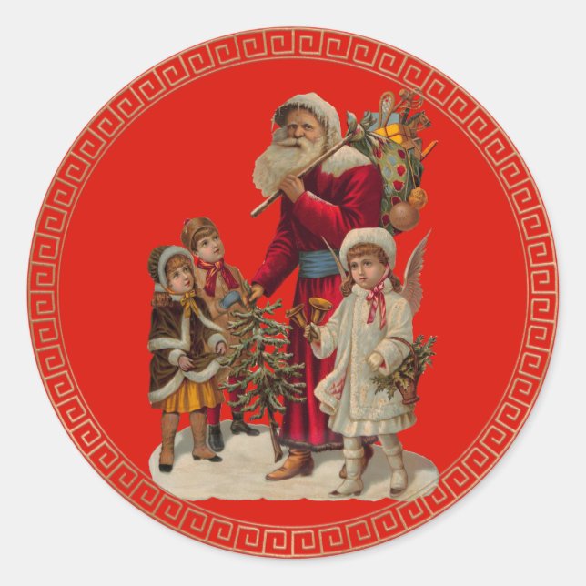 Sticker Rond Vintage Père Noël et amis Noël (Devant)