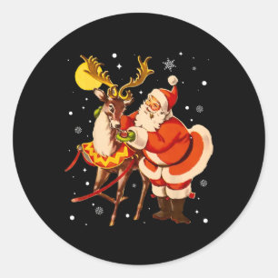 Sticker Rond Vintage Père Noël Reindeer Retro 1950 Noël Pajam