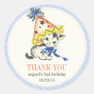Sticker Rond Vintage Petit Chat avec Parti Casquette Fête Favor