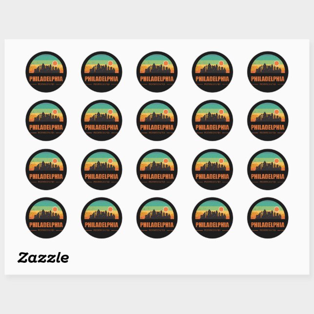 Sticker Rond Vintage Philadelphie City Skyline Retro Sunset (Feuille)