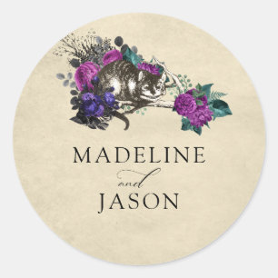 Sticker Rond Vintage Plum pourpre foncé Floral Chat Mariage