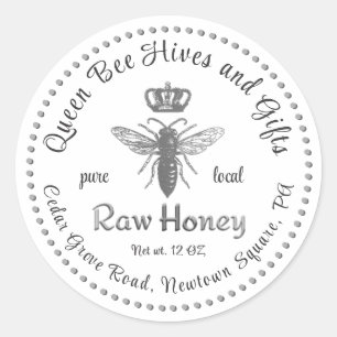 Sticker Rond Vintage Queen Bee Honey Crown Script blanc
