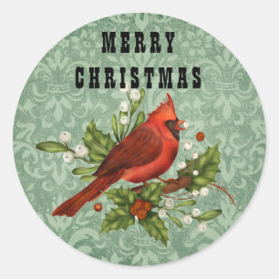 Sticker Rond Vintage Red Cardinal Bird Joyeux Noël