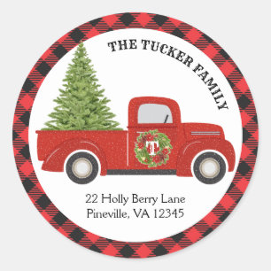 Sticker Rond Vintage Red Christmas Truck Buffalo Adresse Plaid