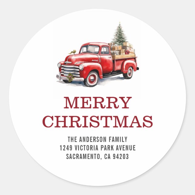 Sticker Rond Vintage Red Truck Christmas Tree Family (Devant)