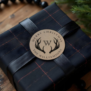 Sticker Rond Vintage Reindeer Antlers Famille Monogramme Noël