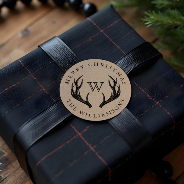 Sticker Rond Vintage Reindeer Antlers Famille Monogramme Noël (Vintage Reindeer Antlers Family Monogram Christmas Classic Round Sticker)