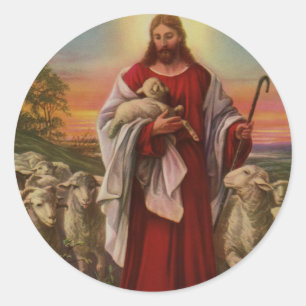 Sticker Rond Vintage Religion, Christ le Bon Berger Troupeau