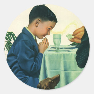 Sticker Rond Vintage Religion, garçon disant le bénédicité à Th
