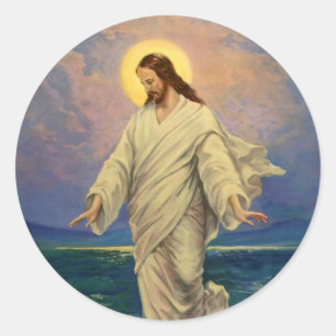 Sticker Rond Vintage Religion, Jésus-Christ marche sur l'eau