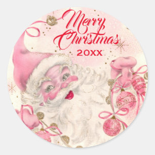 Sticker Rond Vintage Retro Pink Santa Clause Noël