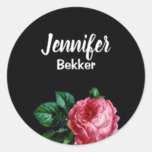 Sticker Rond Vintage rose fleur nom personnalisé noir