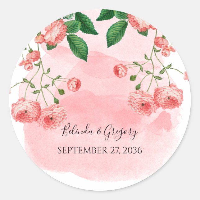 Sticker Rond Vintage Rose rose fleuri Mariage botanique (Devant)