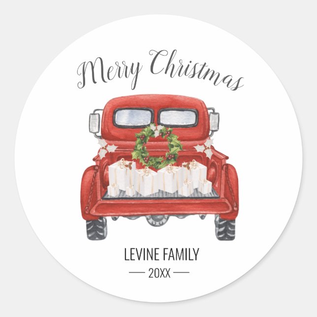 Sticker Rond Vintage Rouge Camion famille Joyeux Noël (Devant)