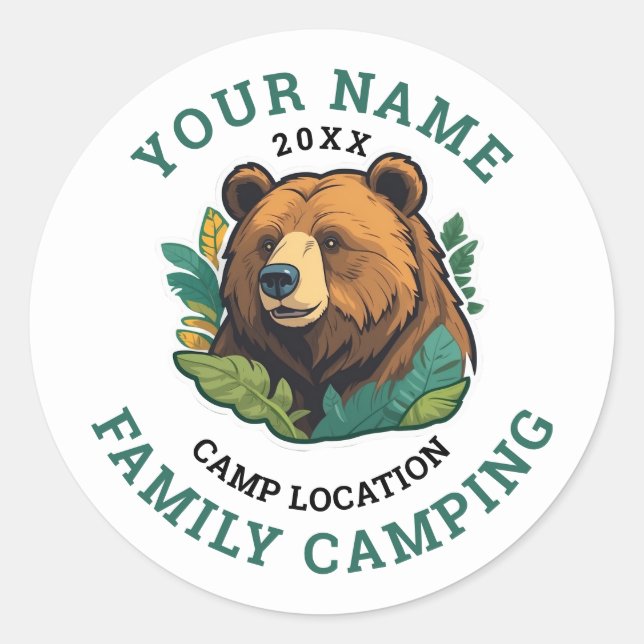 Sticker Rond Vintage Rustic Bear Famille Camping (Devant)