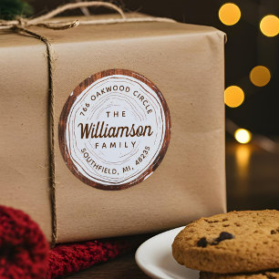 Sticker Rond Vintage Rustic Woodgrain Tree Slice Adresse de fam