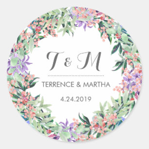 Sticker Rond Vintage Rustique Floral Wreath Wedding Favor