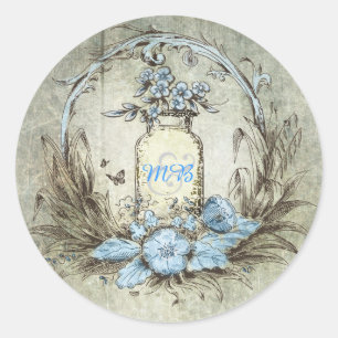 Sticker Rond Vintage rustique Mason Jar Mariage bleu