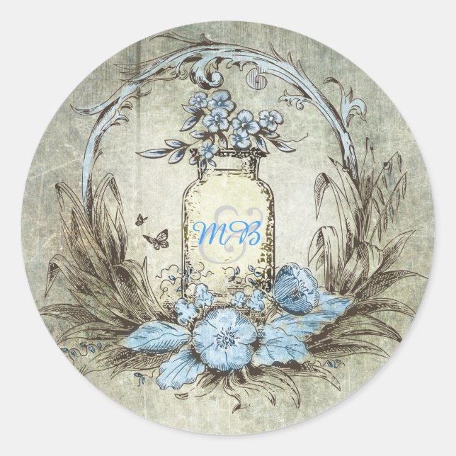Sticker Rond Vintage rustique Mason Jar Mariage bleu (Devant)