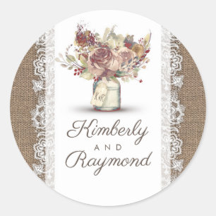 Sticker Rond Vintage rustique Mason Jar   Mariage Burlap