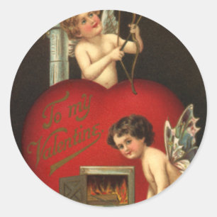 Sticker Rond Vintage Saint-Valentin Cupidon, Anges Amour Brûlan