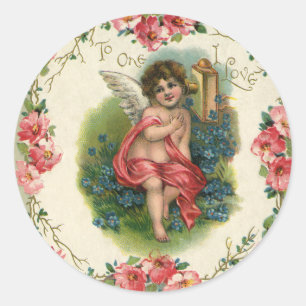 Sticker Rond Vintage Saint-Valentin victorien Chérubin au télép