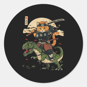 Sticker Rond Vintage Samurai Chat Dinosaur Art japonais