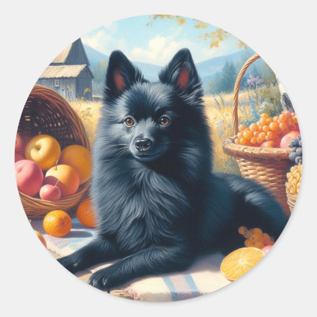 Sticker Rond Vintage Schipperke Peinture de chiot (Devant)