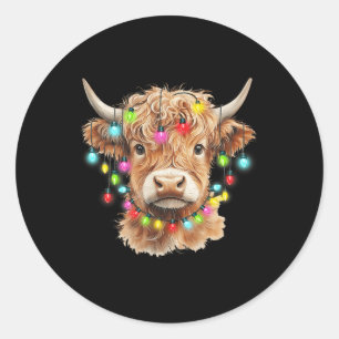 Sticker Rond Vintage Scotland Highland vache animal Noël Xma