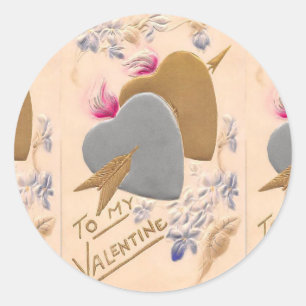 Sticker Rond Vintage Silver & Gold Hearts Valentine Postcard