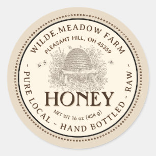 Sticker Rond Vintage Skep Pure Hand Local Bouteille Miel cru