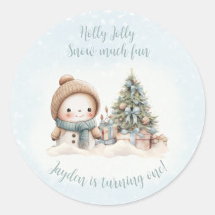 Sticker Rond Vintage Snowman Bleu Noël 1er anniversaire