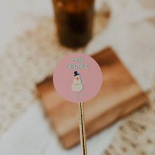 Sticker Rond Vintage Snowman rose illustré Joyeux Noël
