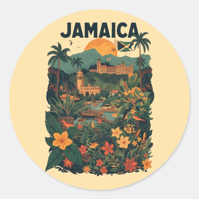Sticker Rond Vintage Style Jamaica Travel Illustration (Devant)