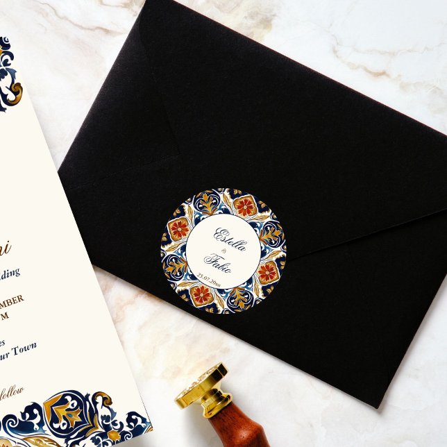 Sticker Rond Vintage Talavera Azulejo carreaux bleu mariage (Vintage Talavera Azulejo blue tiles wedding envelope Sticker bride and groom names stickers)