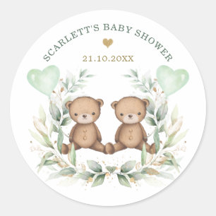 Sticker Rond Vintage Teddy Bear Jumeaux vertes Ballons bébé