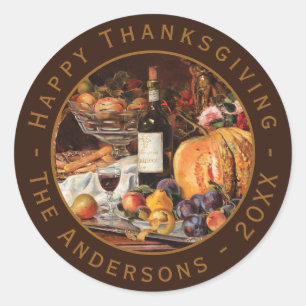 Sticker Rond Vintage Thanksgiving Citrouille Automne Fruits Vin