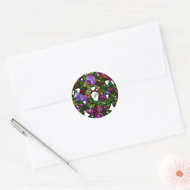 Sticker Rond Vintage Tiffany Vitrage pourpre Roses (Enveloppe)