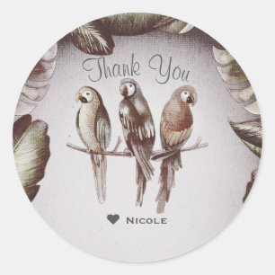 Sticker Rond Vintage Tiki Birds Parrots & Feuilles Favorisent
