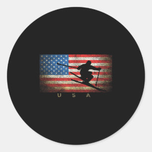 Sticker Rond Vintage Usa Ski Drapeau Américain Clic Femmes Fill