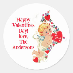 Sticker Rond Vintage Valentine Cherub Angel Be My Love